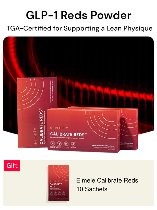 Three boxes of Eimele Calibrate Reds GLP-1 Powder, TGA-certified for supporting a lean physique, with gift pack of 10 sachets