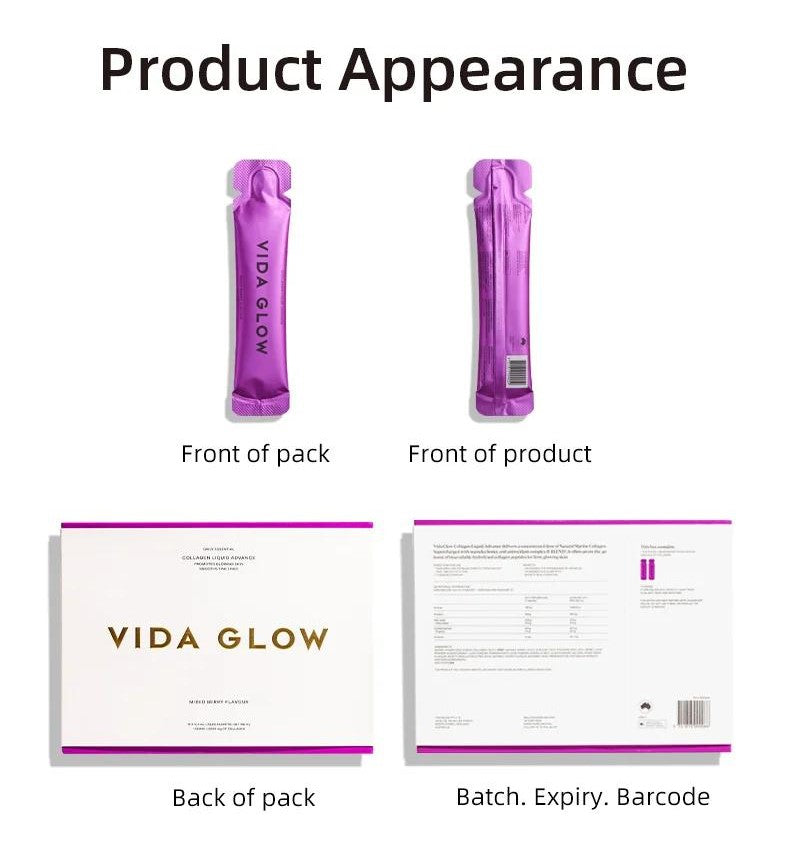 Vida Glow Collagen Liquid product appearance showing the front and back of the pack and product with batch, expiry, and barcode details.