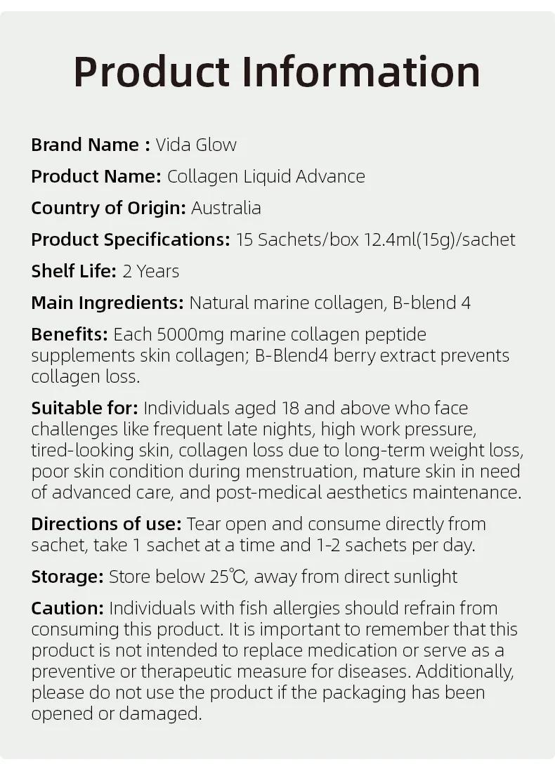 Vida Glow Collagen Liquid Advance product information detailing brand name, country of origin, product specifications, shelf life, ingredients, benefits, suitable users, directions for use, storage instructions, and caution.