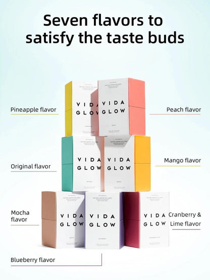 Vida Glow Marine Collagen available in seven flavors: Pineapple, Peach, Original, Mango, Mocha, Blueberry, and Cranberry & Lime.