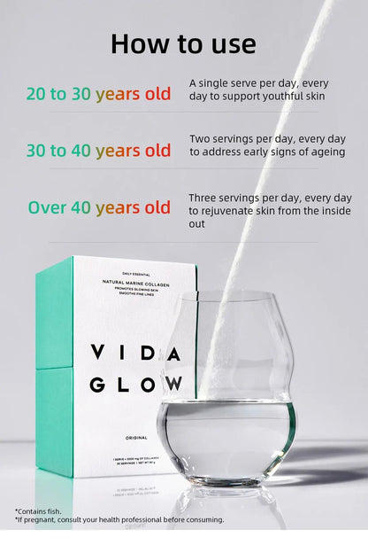 Vida Glow Marine Collagen how to use guide for different age groups, showing recommended daily servings for ages 20 to 30, 30 to 40, and over 40 to support youthful, healthy skin.