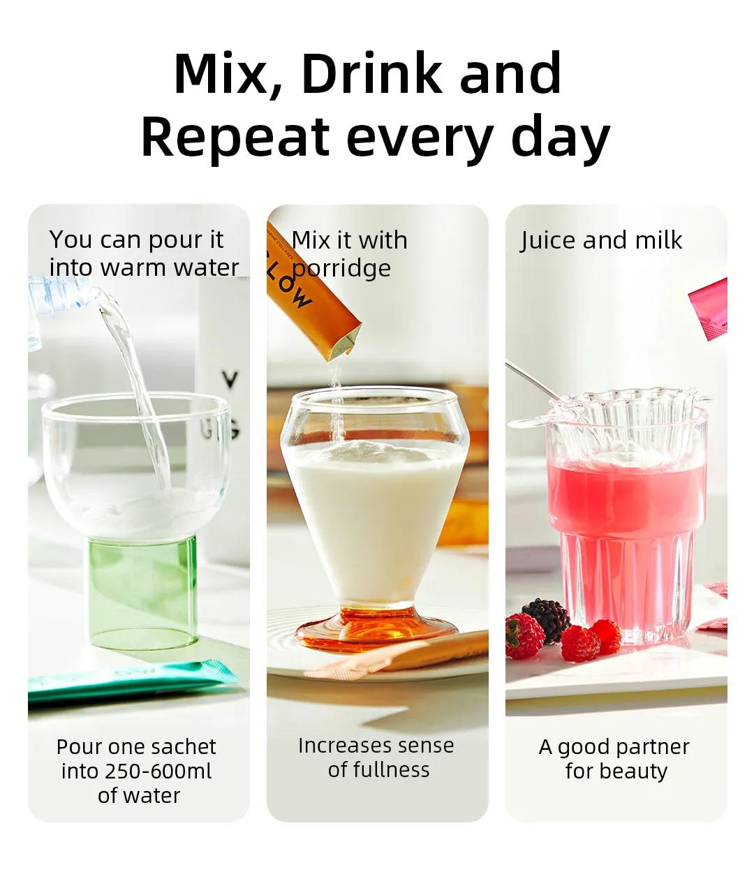 Vida Glow Marine Collagen recipes showing how to mix the collagen powder with water, porridge, juice, or milk for daily consumption.