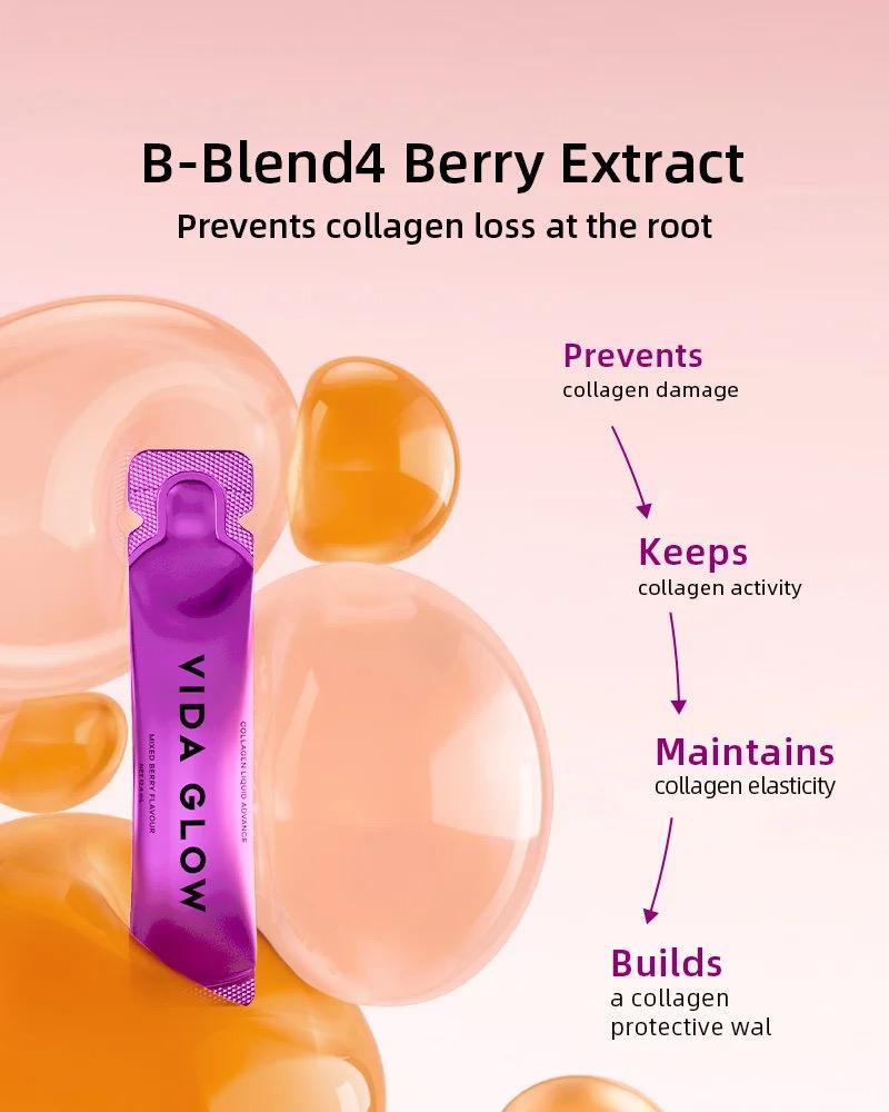 B-Blend4 berry extract in Vida Glow Collagen Liquid Advance is  beneficial to prevents collagen loss, keeps collagen activity, maintains collagen elasticity, and builds a collagen protective wall.