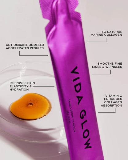 Vida Glow Collagen Liquid features an antioxidant complex, 5g natural marine collagen, and vitamin C for enhanced collagen absorption, improving skin elasticity, hydration, and smoothing fine lines and wrinkles.