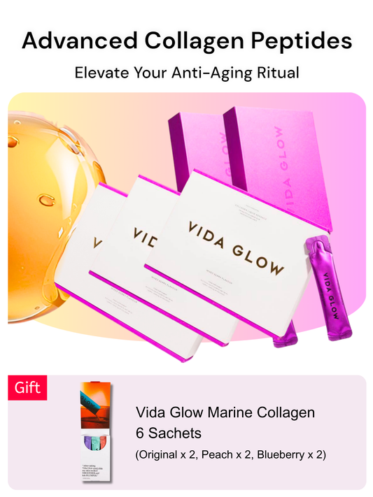 Vida Glow Collagen Liquid bundle set with advanced collagen peptides, including 3 boxes and a gift of 6 marine collagen sachets in original, peach, and blueberry flavors to elevate your anti-aging ritual.