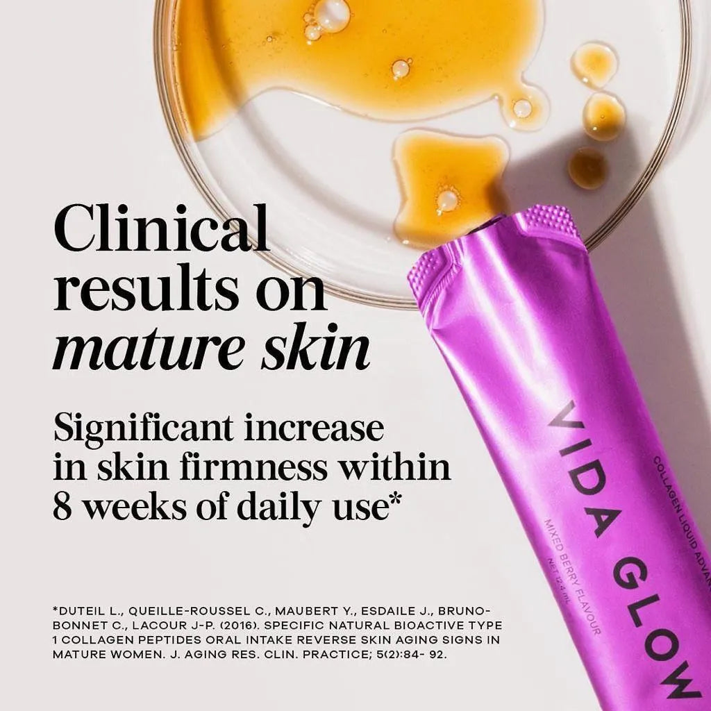 Clinical results showing significant increase in skin firmness within 8 weeks of daily use of Vida Glow Collagen Liquid Advance