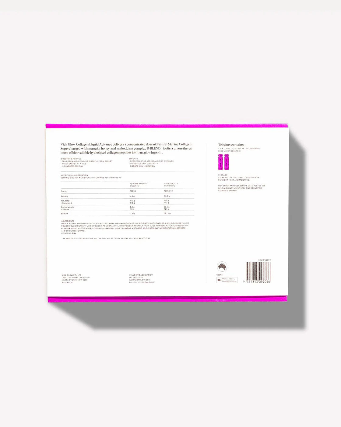 Back view of Vida Glow Collagen Liquid Advance packaging with detailed product information