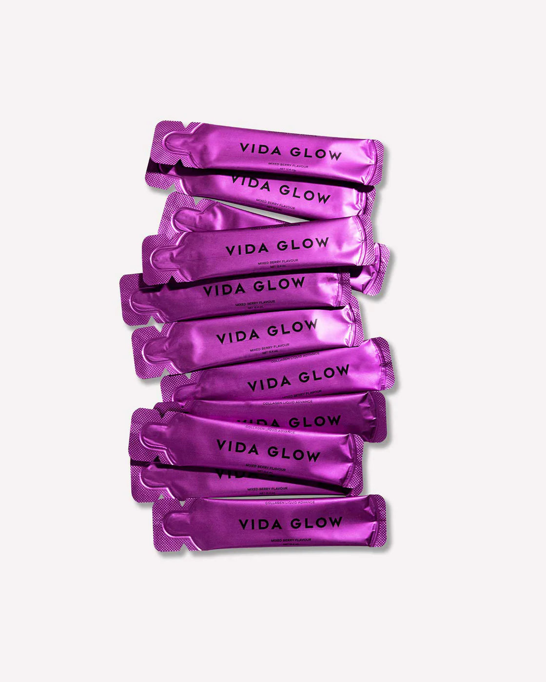 Multiple sachets of Vida Glow Collagen Liquid Advance for convenient daily use.