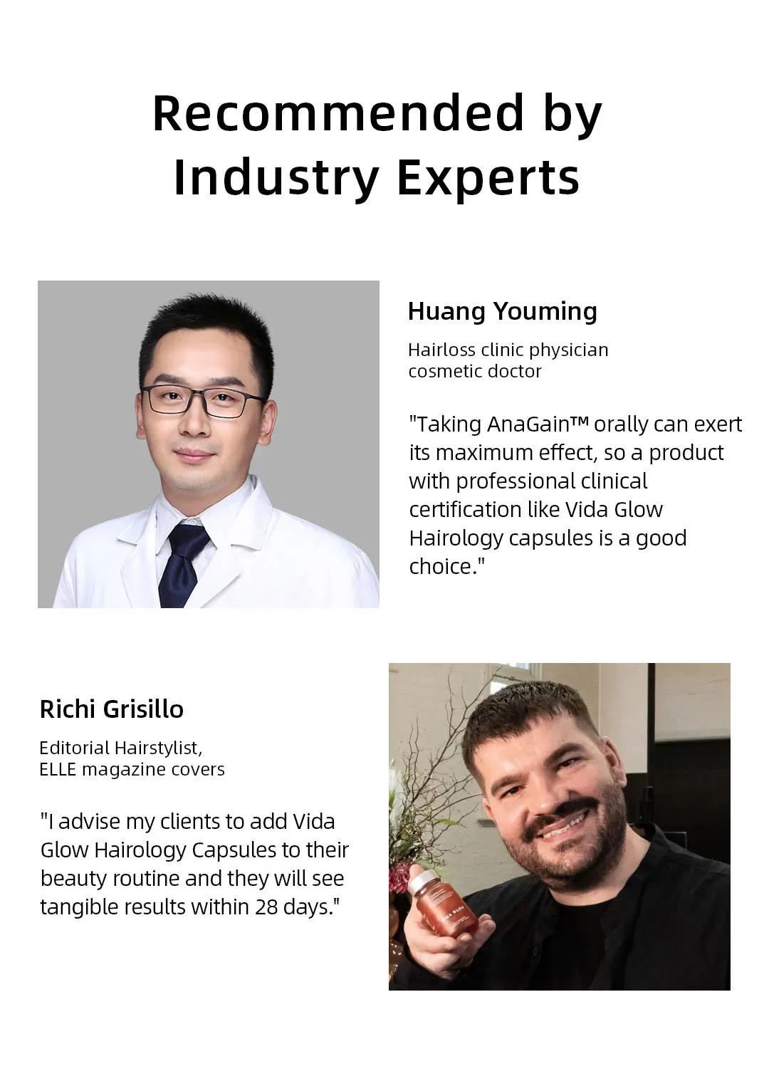 Industry experts Huang Youming and Richi Grisillo recommend Vida Glow Hairology Advanced Repair for its effectiveness in reducing hair thinning and promoting hair growth.