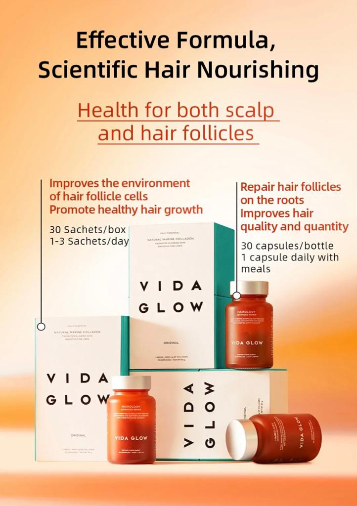 Effective formula for scientific hair nourishing. Vida Glow Hairology Advanced Repair and Natural Marine Collagen promote healthy hair growth, improve hair follicle cells, and repair hair follicles