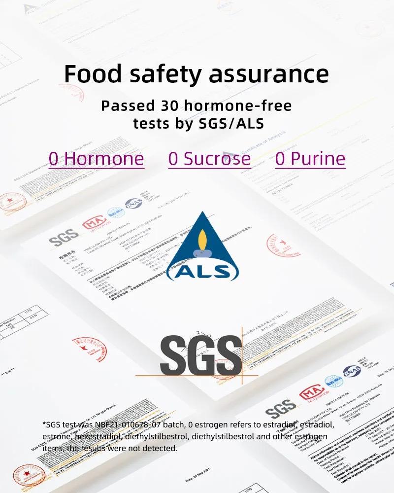 Vida Glow Collagen Liquid passed 30 hormone-free tests by SGS/ALS, ensuring food safety with 0 hormone, 0 sucrose, and 0 purine.