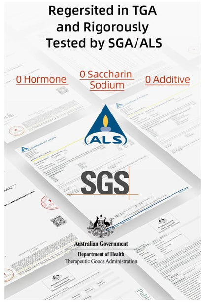 Certification and testing documents indicating Vida Glow Hairology Advanced Repair is registered in TGA and rigorously tested by SGA/ALS, ensuring it contains no hormones, saccharin sodium, or additives.