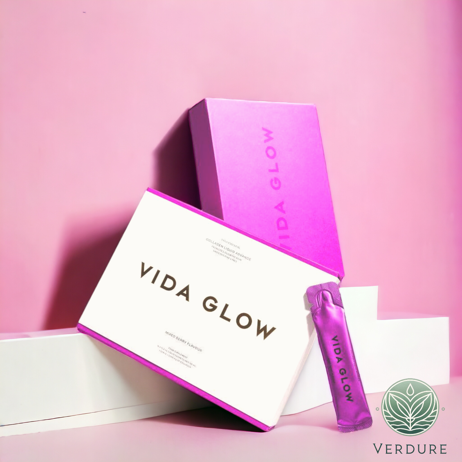 Vida Glow Collagen Liquid Advance box and sachet