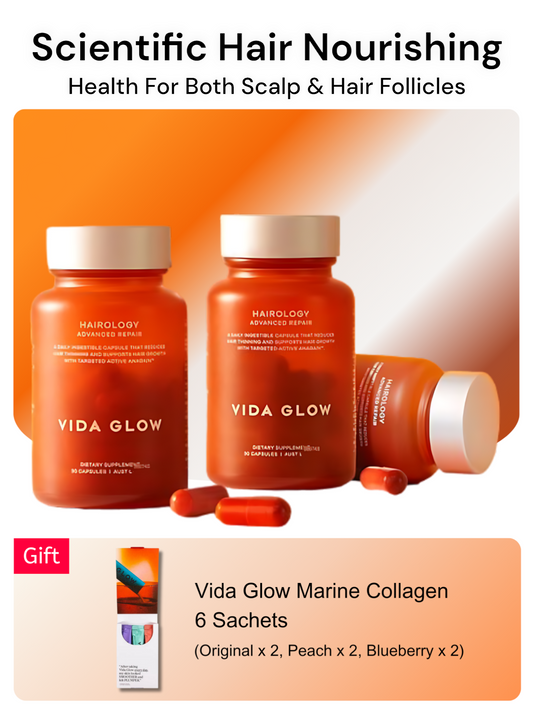 Vida Glow Hairology Advanced Repair Bundle - 3 Bottles and 6 Marine Collagen Sachets