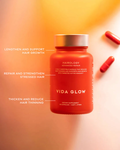 Vida Glow Hairology Advanced Repair benefits: lengthen and support hair growth, repair and strengthen stressed hair, thicken and reduce hair thinning.