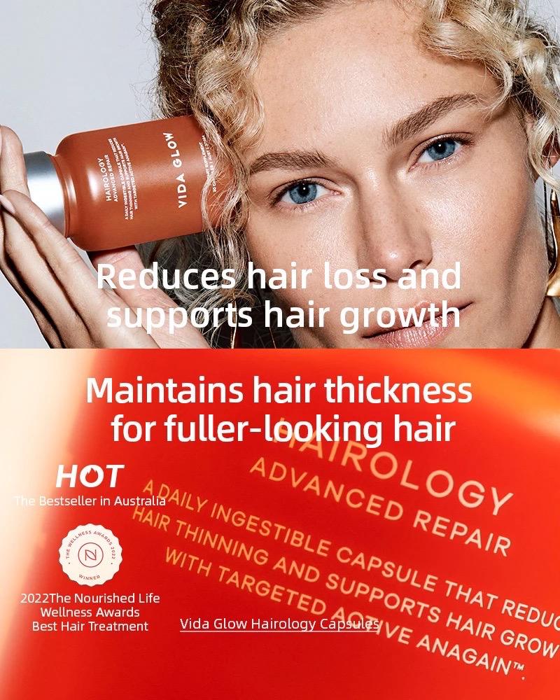 Vida Glow Hairology capsules reduce hair loss and support hair growth, maintaining hair thickness for fuller-looking hair