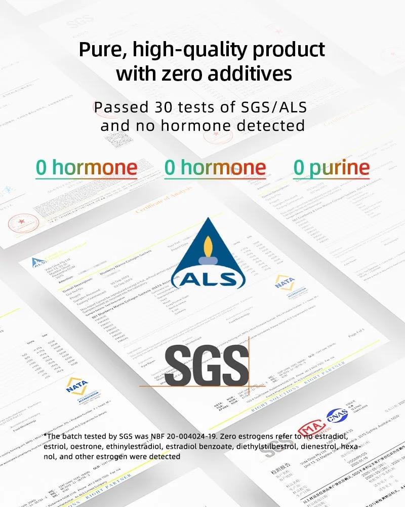 Vida Glow Natural Marine Collagen certification showcasing 30 hormone-free tests by SGS/ALS, ensuring a pure, high-quality product with zero additives, no hormones, and no purines detected